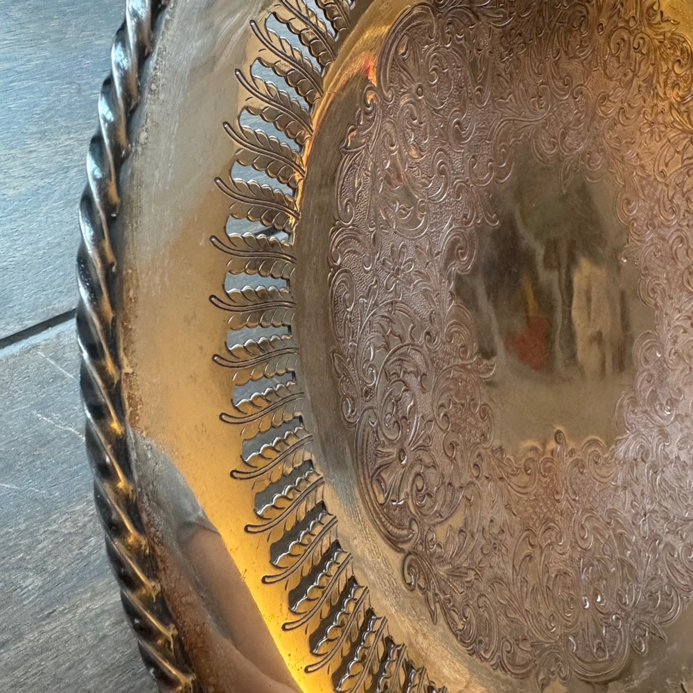 Antique European 540 Silver on Copper Tea Tray Art Nouveau Floral Rope Rim 10.5 - Picture 9 of 9